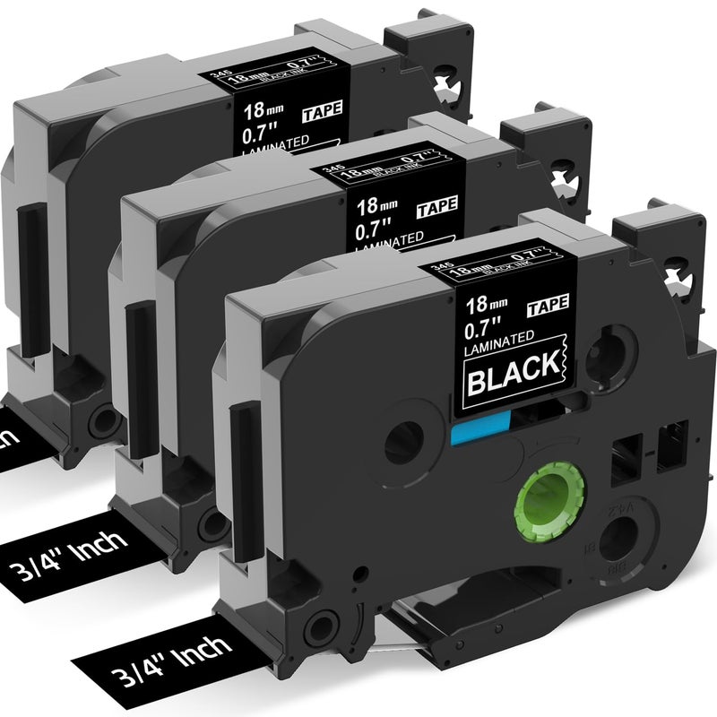 Label KINGDOM TZe-345 18mm White on Black Replacement for Brother TZe345 TZe Tz Tape 18mm 0.7 Laminated Black Label Tape 3/4"" Compatible with Brother P Touch PT-D400 PT-D410 PT-D600  3-Pack - Image 1